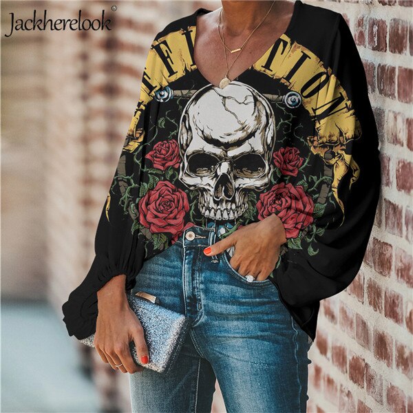 Summer Chiffon Black Women's Blouses Sugar Skull Gothic Top Shirt Sexy V Neack
