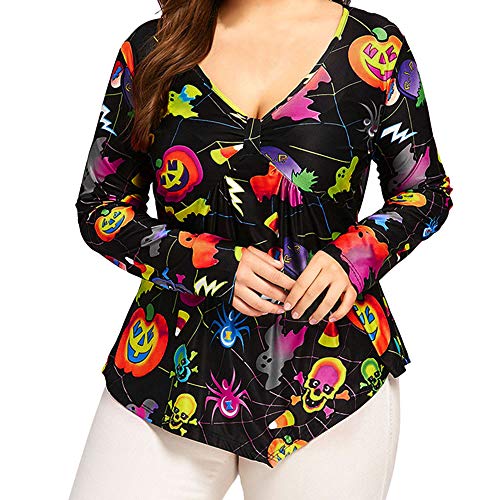 Plus Size Women's Halloween V-Neck T-Shirt with Skull Print Casual Women Shirt