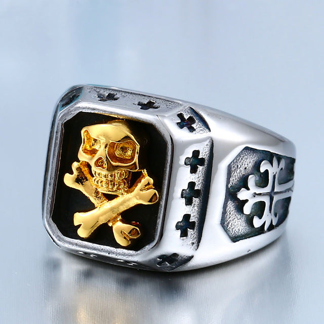 Drop Shipping Sale Stainless Pirate Part Plated-Gold Skull For Man Titanium Steel Boy's Punk Fashion Ring BR8-331