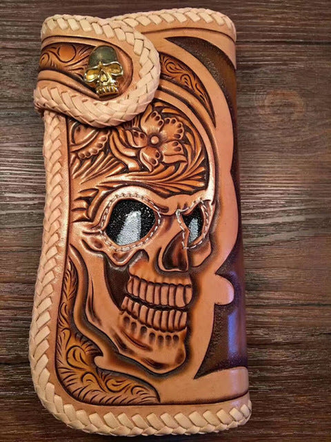 Great Handcraft Skull Designer Hand Carved Male Hasp Card Wallet