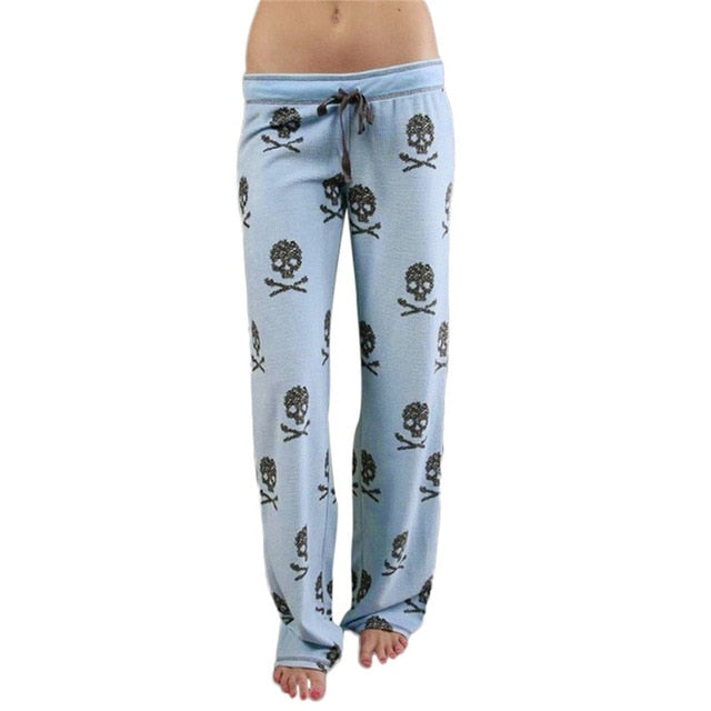 Women Lady Causal Daily High Waist  Skull Print Wide Calf Length Long Leg