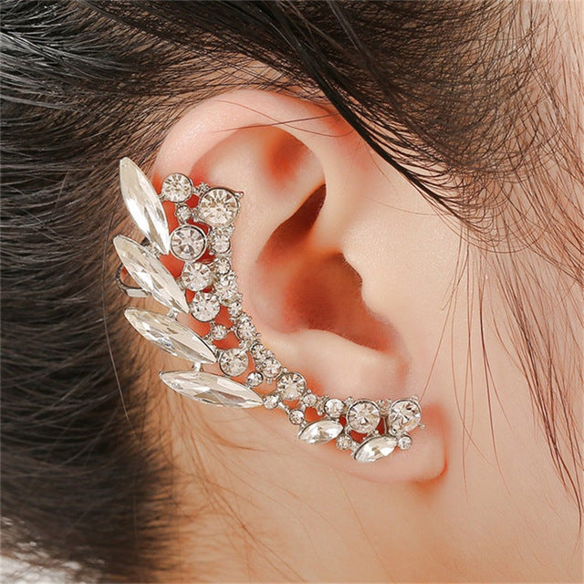 Fashion Clear Crystal Ear Cuff Earrings Women Party Jewelry Gold/Silver Color Cute Bridal Earrings Alloy Leaf Ear Clip Earring
