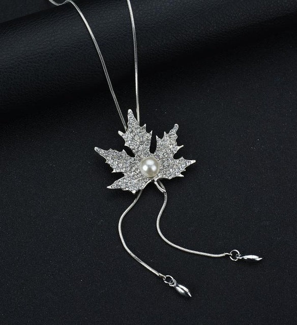 Long Necklaces Sweater Chain Fashion Fine Metal Chain Crystal Rhinestone Flower Leaves Pendant Necklace Pearl Jewelry