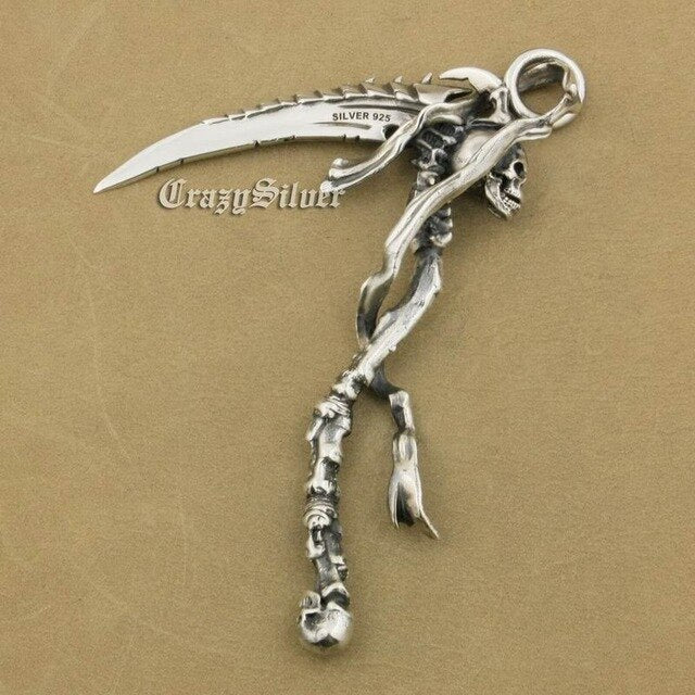 Huge 925 Sterling Silver Grim Reaper Skull Sickle Scythe Biker Pendant