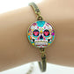 Colorful sugar skull bracelet hipster red floral roses charm skeleton jewelry Day of the Dead Halloween jewellery