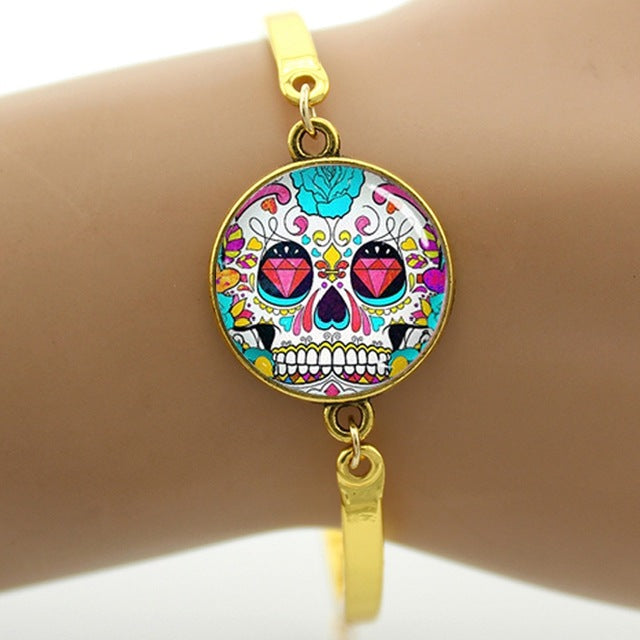 Colorful sugar skull bracelet hipster red floral roses charm skeleton jewelry Day of the Dead Halloween jewellery