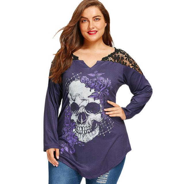 Women Plus Size T-Shirt 5XL Lace Crochet Skull Print Asymmetrical Graphic Tees Sexy T Shirts Long Sleeve Loose Tops