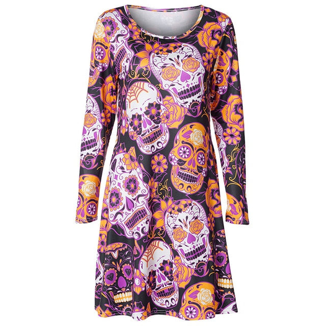 Skull Print Dress Robe Femme Long Sleeve Casual Dress