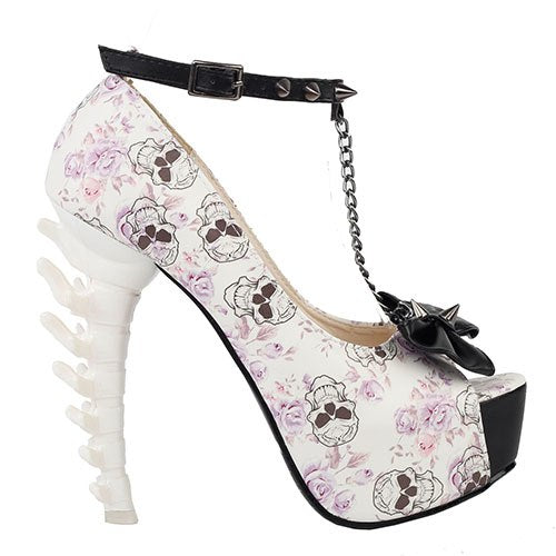 Beige Skull Rose Print Studs Chain Peeptoe Bone Heel Pumps Size  4/5/6/7/8/9/10