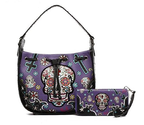 Western Sugar Skull Hobo Shoulder Bag with Drawstring Closure and Matching Wallet, Removable Crossbody Strap