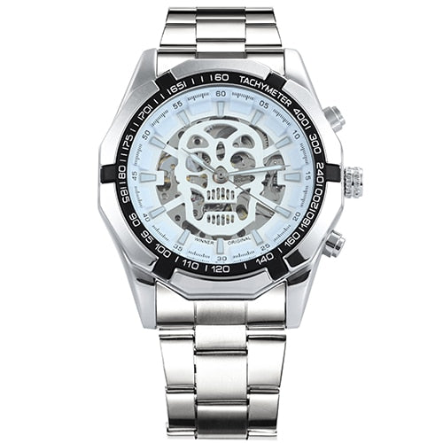 New Fashion Mechanical Watch Men Skull Design Top Brand Luxury Golden Stainless Steel Strap Skeleton Man Auto Wrist Watch