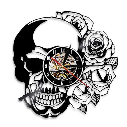 Skull With Rose Vintage Vinyl Record Wall Clock With LED