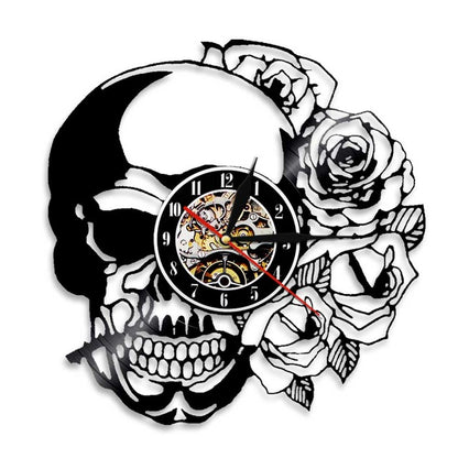 1Piece Hippie Skull With Rose Vinyl Record Wall Clock Modern Design Home Decor Wall Watch For Halloween Gift