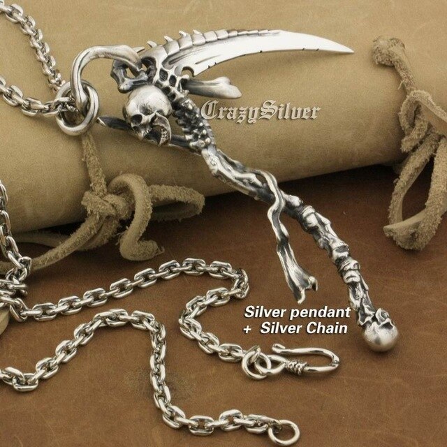 Huge 925 Sterling Silver Grim Reaper Skull Sickle Scythe Biker Pendant