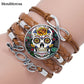 Mendittorosa Mexican Sugar Skull Color Jewelry With Glass Cabochon Multilayer Black/Brown Leather Bracelet Bangle For Women
