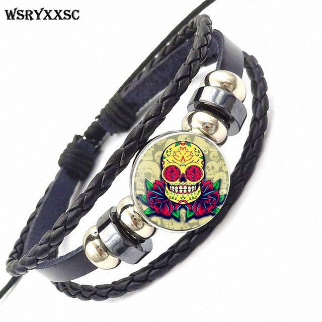 Sugar Skull For Women Girls Handmade New Brand Jewelry With Glass Caochon Black Leather Bracelet Bangle