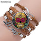 Mendittorosa Mexican Sugar Skull Color Jewelry With Glass Cabochon Multilayer Black/Brown Leather Bracelet Bangle For Women