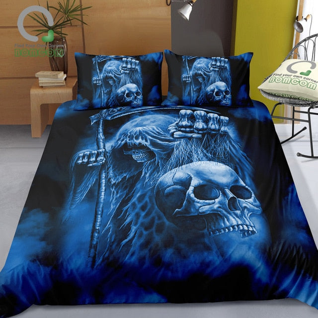 3D Digital Printing Skull Bedding Blue Evil The Death Scythe Grab Skull Reaping Sickle Duvet Cover Set 100% Microfiber