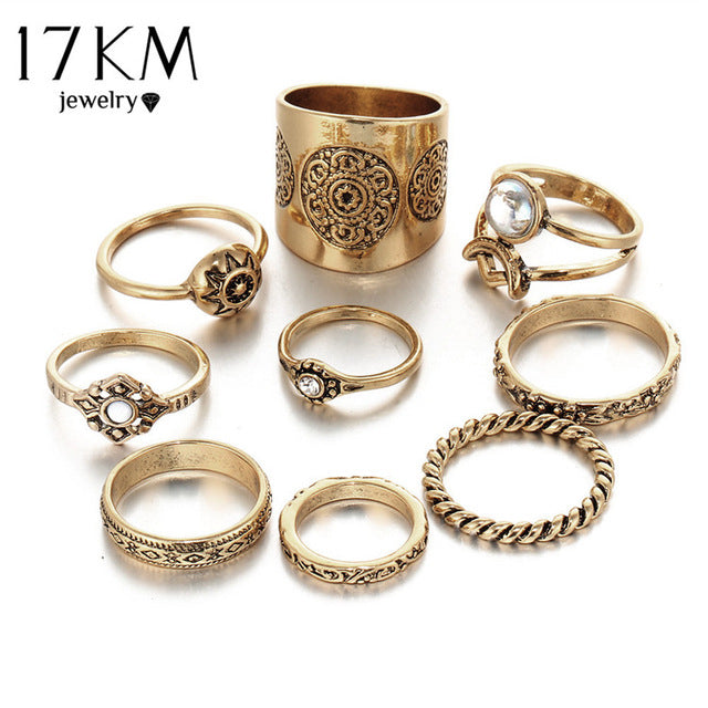 17KM New 9 pcs/set Vintage Silver Color Ring Sets Antique Midi Finger Rings for Women Steampunk Turkish Party Boho Knuckle Ring