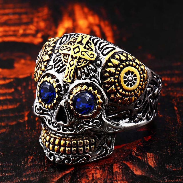 316L Stainless Steel gem ring Cross skull biker men Ring hot sale Man's fashion jewelry LLBR8-327R