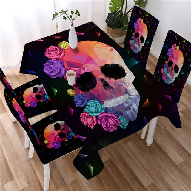 Skull Tablecloth Gothic Colorful Waterproof Table Cloth Rose Floral