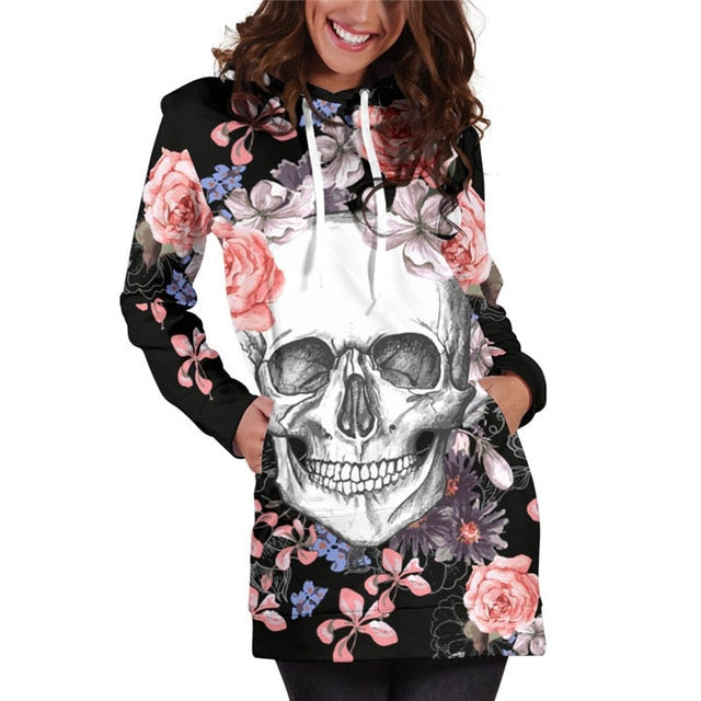New Arrival 3D Printed Floral Skull Hooded Sweatshirt Dresses
