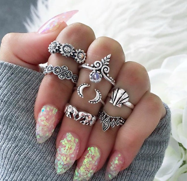 7 Style Vintage Knuckle Rings for Women Boho Geometric Flower Crystal Ring Set Bohemian Midi Finger Jewelry Bague Femme