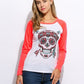Fashion Women T shirts O Neck Raglan Long Sleeve Pattern Skull Printed Tees LAdies Clothing Patchwork Pullover T Shirt SVH032302