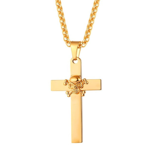 Stainless Steel Skeleton Pirate Cross Pendant & Chain Necklace