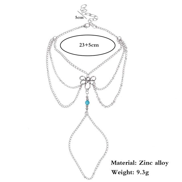 Blue Stone Ankle The New fashion Simple Retro Hollow Pattern Gem Beaded tassel Even referring to Beach Anklet Female