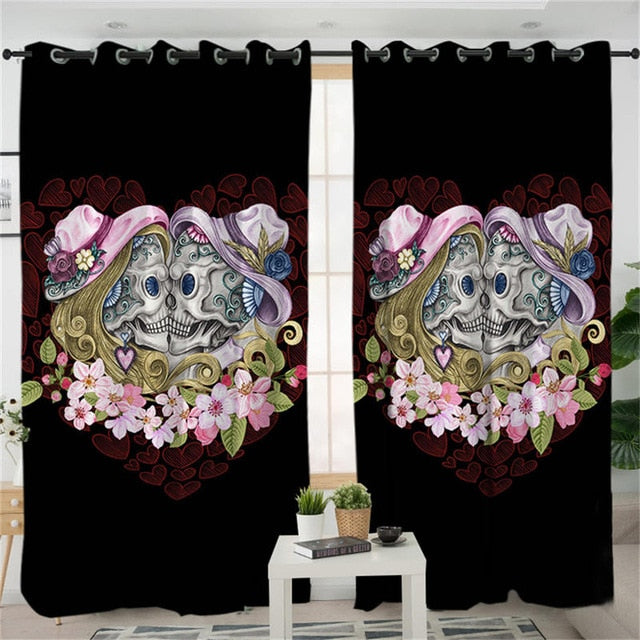 Skull Couples Living Room Curtains Gothic Curtain for Bedroom Pink Flowers Love Window Treatment Drapes