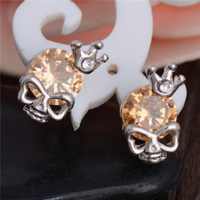 Hot Silver Color Cubic Zirconia CZ Cute Skull Pretty Stud Earrings For Women Girls 7 Colors Nice Shipping