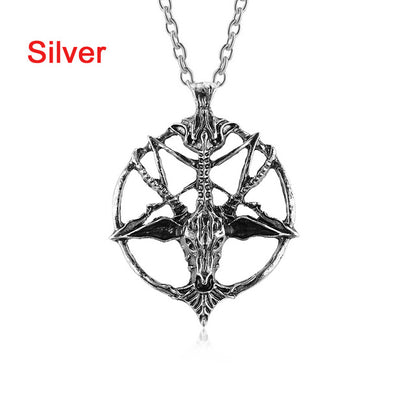 1Pcs Fashion Pentagram Pan God Skull Goat Head Pendant Necklace Luck Satanism Occult Metal Vintage Silver Star Necklace for Man