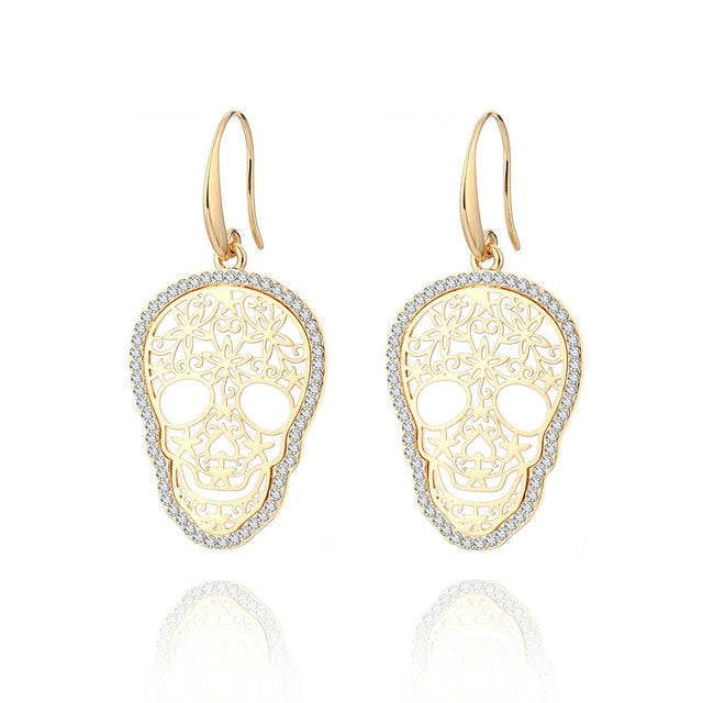 Gold Color Hollow Skull Earrings Trendy Shining CZ Crystal Drop Earrings