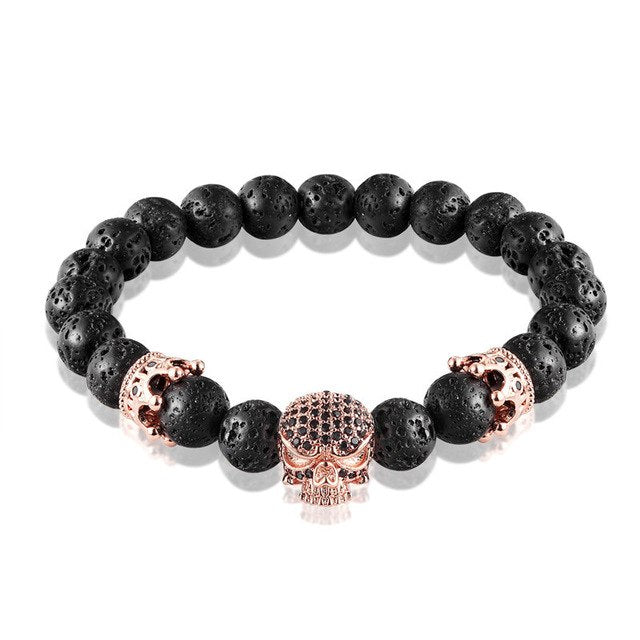 Brand Fashion Natural Beads Strand Bracelet Micro Pave CZ Black Skeleton Skull Corwn Lava Rock Stone Energy Men Buddha Jewelry