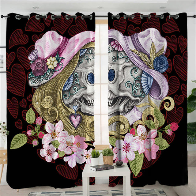 Skull Couples Living Room Curtains Gothic Curtain for Bedroom Pink Flowers Love Window Treatment Drapes