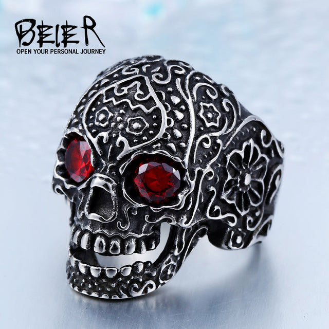 Wholesale Classic Garden Flower Skull Ring For Man Stainless Steel Man's Punk Style Jewelry BR8-071 US Size