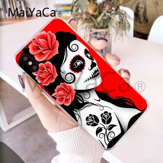 Funny Sugar Skull Girl Tattoo Transparent Shell Phone Case For iphone