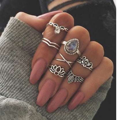 7 Style Vintage Knuckle Rings for Women Boho Geometric Flower Crystal Ring Set Bohemian Midi Finger Jewelry Bague Femme