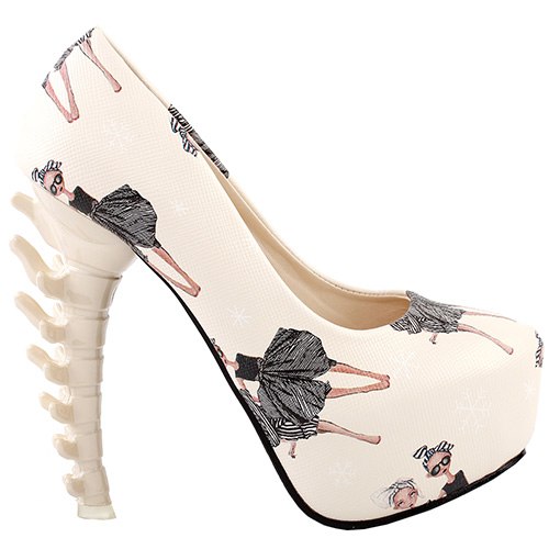 Beige Skull Rose Print Platform Bone Heel Party Club Pumps