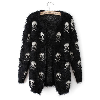 Women Cardigans Sweater Skull Pattern Female Mohair Knitted Cardigans Black White Autumn Cardigans Sweater For Women