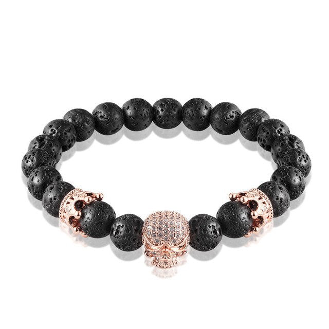 Brand Fashion Natural Beads Strand Bracelet Micro Pave CZ Black Skeleton Skull Corwn Lava Rock Stone Energy Men Buddha Jewelry
