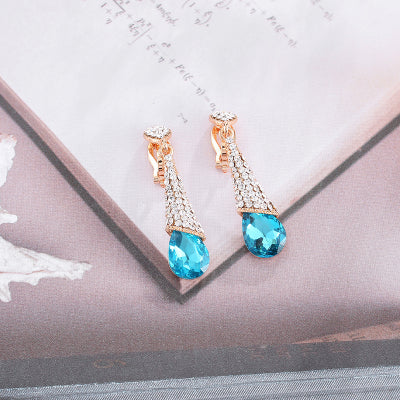 Fashion Luxury Rhinestone Crystal Water Drop Long Earrings Jewelry Bride Wedding Earrings Non Pierced Ear Clip Ear Cuff