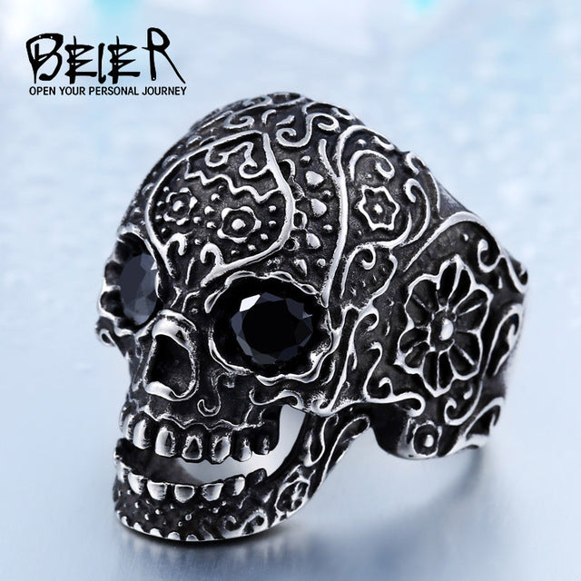 Wholesale Classic Garden Flower Skull Ring For Man Stainless Steel Man's Punk Style Jewelry BR8-071 US Size