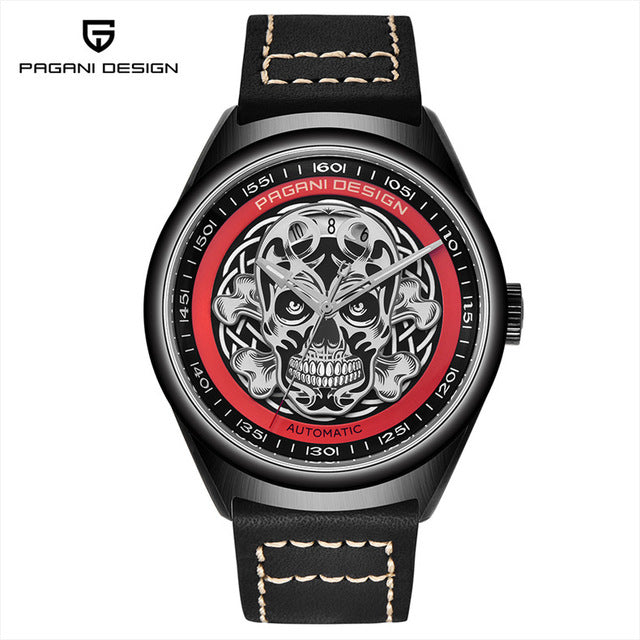 Men's Classic 3D Skull Punk Style Mechanical Watches Waterproof Genuine Leather Brand Luxury Automatic Watch PAGANI DESIGN