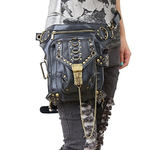 Fashion Gothic Steampunk Skull Retro Rock Bag Men Women Waist Bag Shoulder Bag Phone Case Holder Vintage Leather Messenger Bag