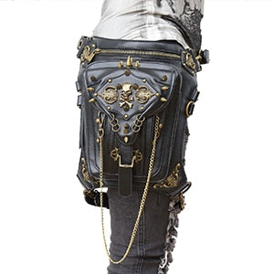 Fashion Gothic Steampunk Skull Retro Rock Bag Men Women Waist Bag Shoulder Bag Phone Case Holder Vintage Leather Messenger Bag