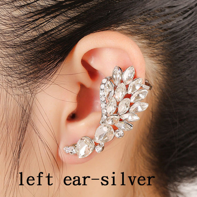 Fashion Popular Women Full Rhinestones Wing Ear Cuff Feather Gold Silver Plated Big Zircon Earcuff Clip Earrings