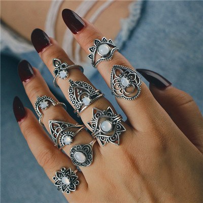 Antique Silver Carved Geometric Rings Set for Women Letter Hand Flower Knuckle Midi Rings Set Bohemian Jewelry