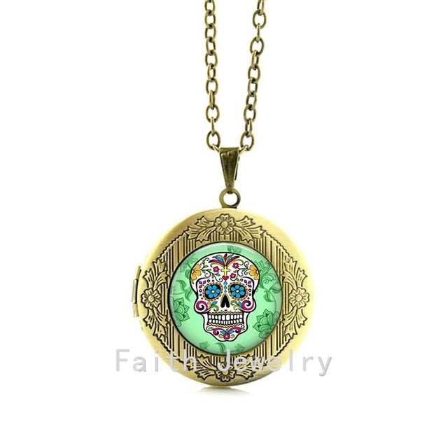 Fashion Necklace,Sugar Skull Silver Finish Pendant Necklace,Handmade Long Necklace,Day of The Dead Jewelry  locket pendant